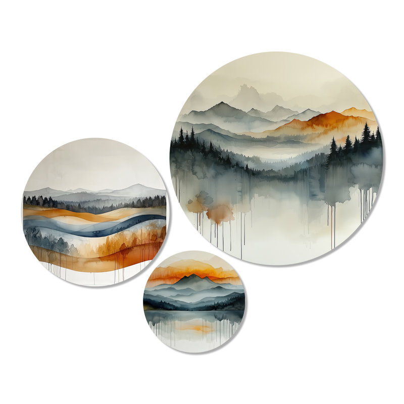 «Bold Mountain Landscape In Autumn I», ensemble d'art mural en métal sur 3 montagnes orange