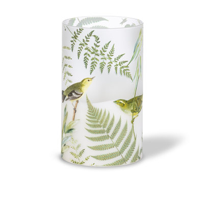 5in by 8in Illumaflame Hand Poured Wax Candle with Fern and Songbird Floral Patterned Frosted Glass
