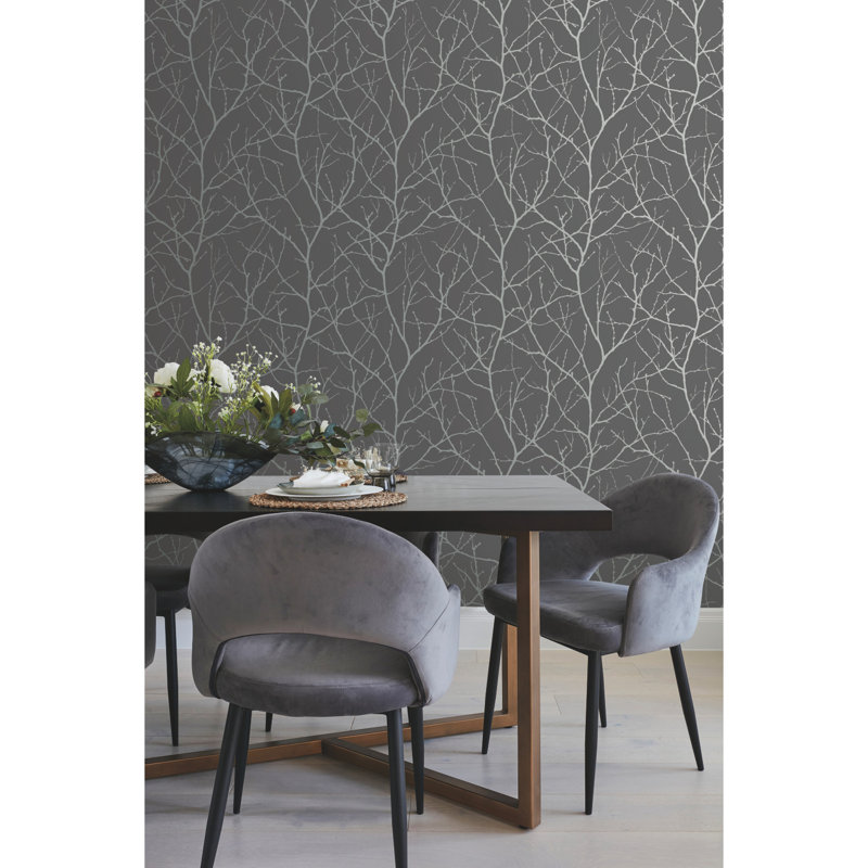 Trees Silhouette Floral Metallic Wallpaper Roll, Black/Silver