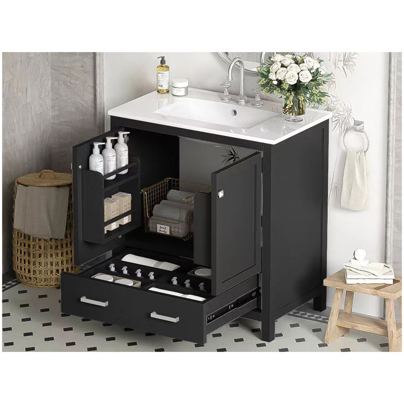 Meuble-lavabo de 30 po avec lavabo simple, meuble-lavabo encastré, armoire de rangement avec 2 portes et un tiroir, fermeture en douceur, rangement multifonctionnel, structure en bois massif