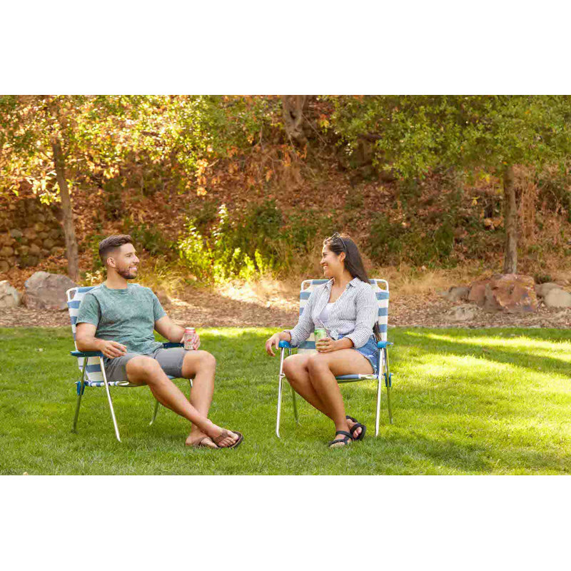 Blue and White Striped Aluminum Folding Camping Chairs (Set of 2)
