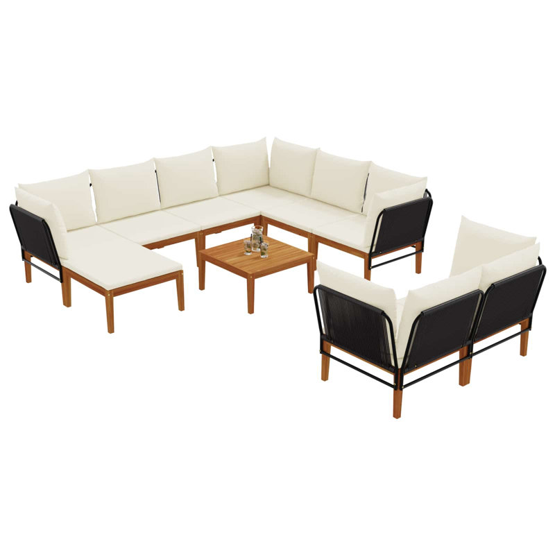  Garden Lounge Set Solid Acacia Wood & Rope Sofa Outdoor Furniture Patio, Cream White, Natural/Black