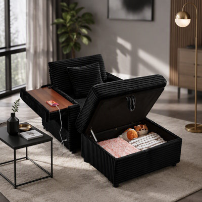 Canapé confortable moelleux en velours côtelé, espace de rangement pour une grande chaise simple, méridienne super moelleuse avec repose-pieds et table, convient pour une chambre de repos, un appartement
