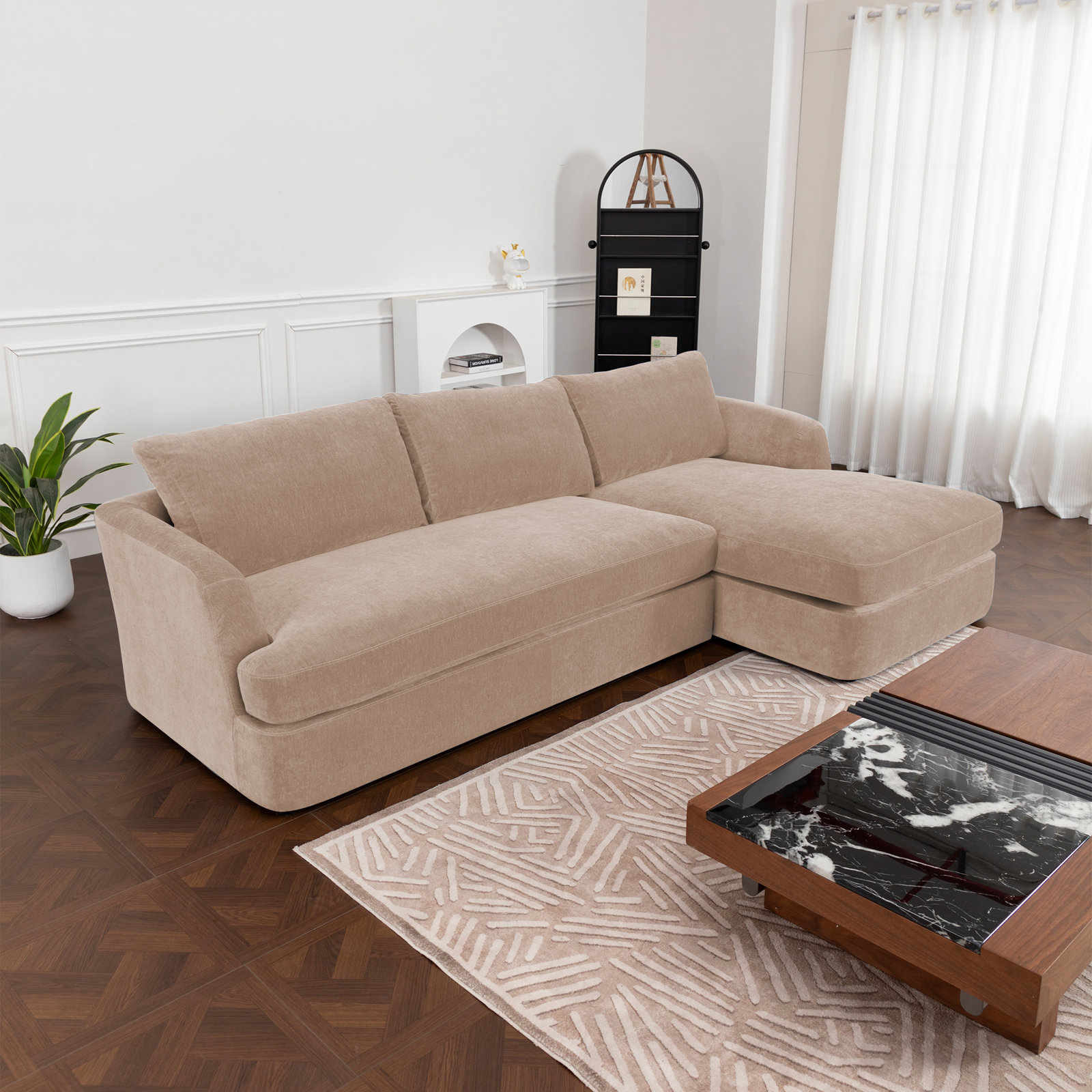 Alameda Velvet Sofa and Chaise, Sandstone Velvet, Right Hand Facing