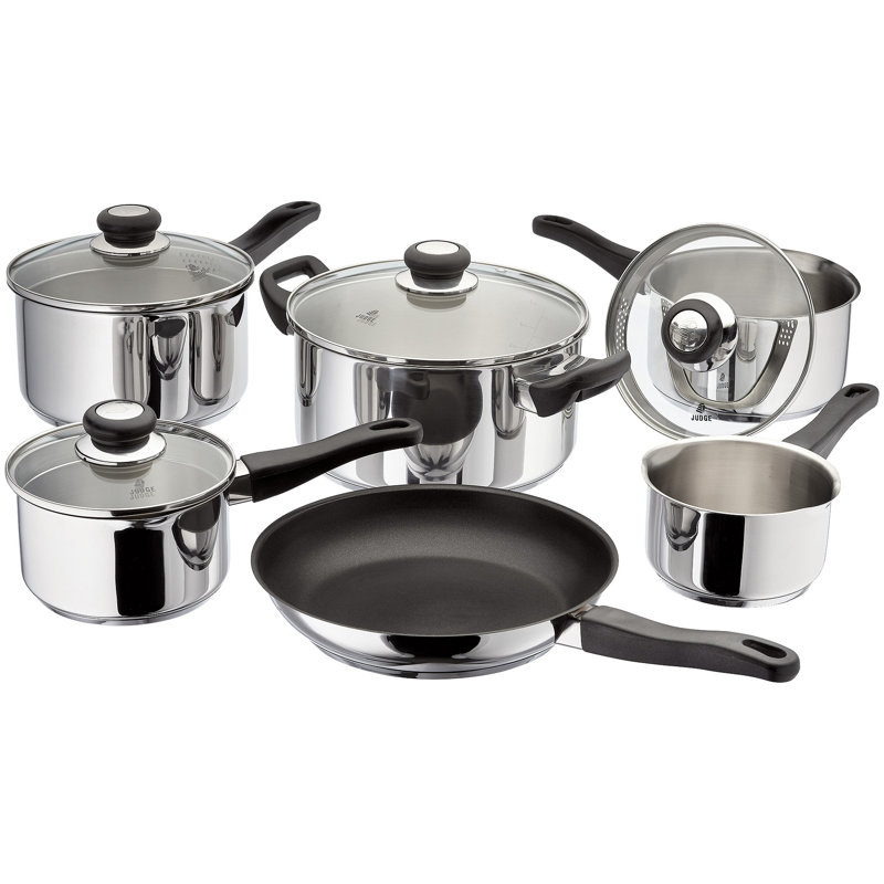 Judge Vista, 6 Piece Stainless Steel Saucepan Set with Glass Drainng Lids, 14cm Milk Pan, 16/18/20cm Saucepans, 24cm Casserole & 26cm Non-Stick Frying Pan