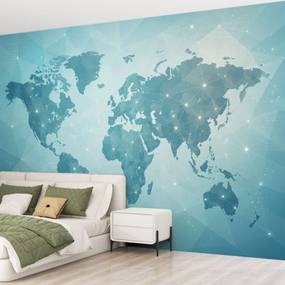 Papier peint adhésif mural abstrait, carte du monde bleue, motif géométrique, connexions, papier autocollant amovible, décoration murale pour salon, chambre à coucher H 69 po x l 96 po