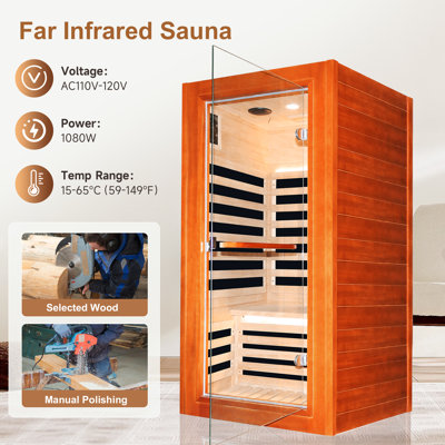Sauna infrarouge lointain en bois 1050W Oguman pour 1 personne avec Bluetooth et 7 plaques chauffantes 31,5 * 31,5 * 63 pouces
