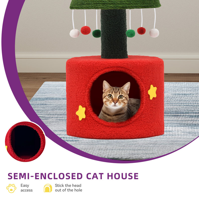 Christmas Cat Tree Tower With Cat Scratching Post, 32 In Cute Cat Tree With Plush Hanging Ball, Cat Tower For Indoor Cats With Cat Condos