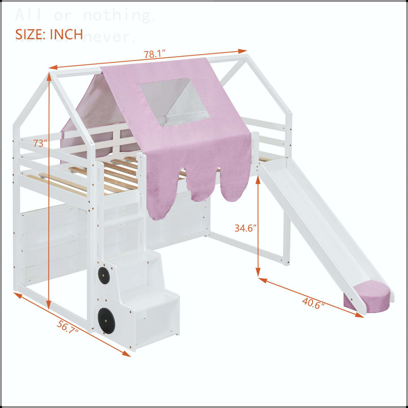 Lit mezzanine simple en bois avec structure de maison, tente, glissade et rangement, Blanc