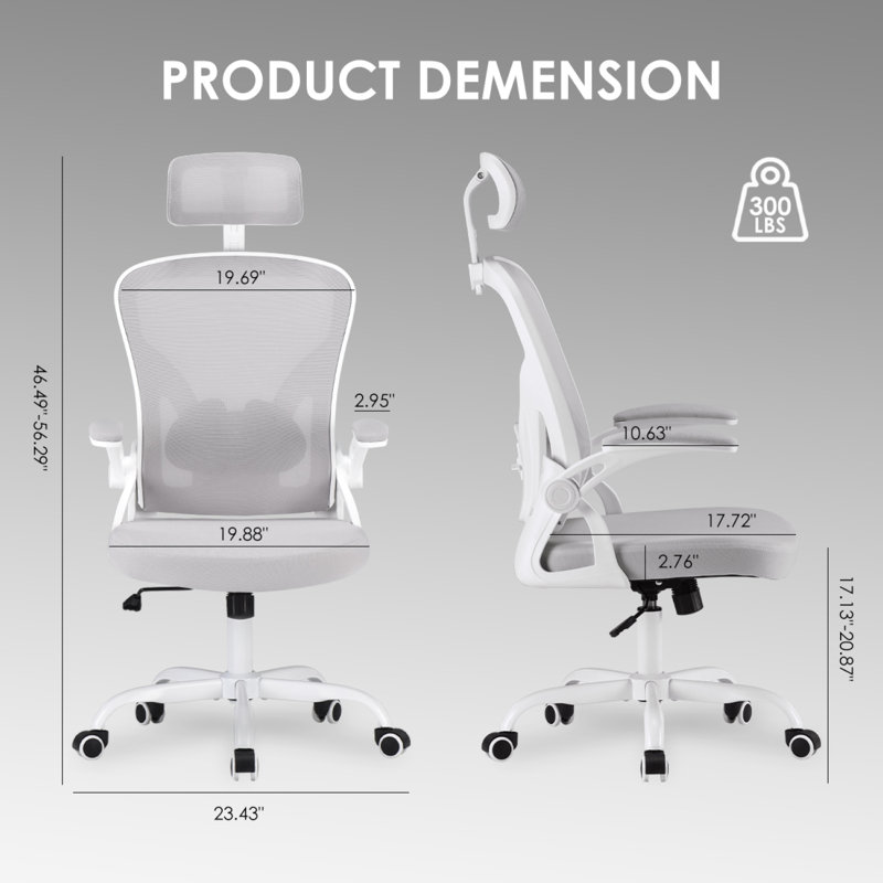 Chaise de bureau ergonomique en maille à haut dossier avec appui-tête réglable et soutien lombaire, Gris, Blanc