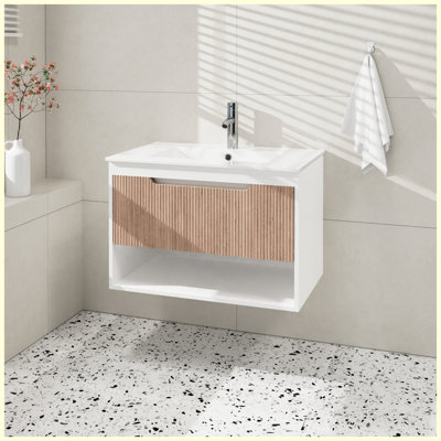 Meuble-lavabo mural moderne en céramique 30 po avec rangement à fermeture en douceur