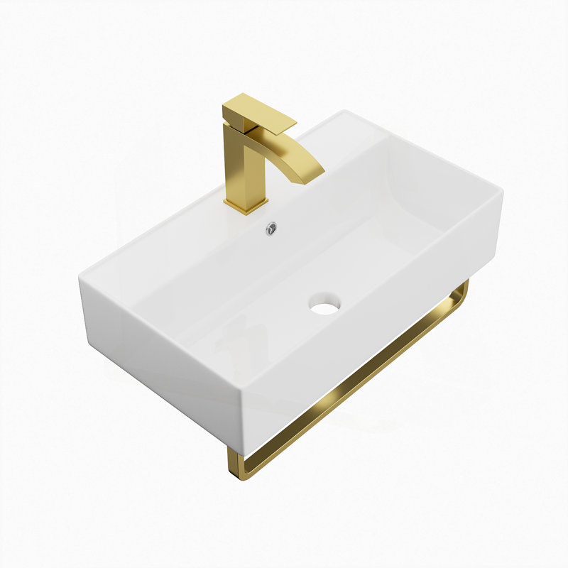21"X12" Wall-Mounted Rectangular Ceramic Bathroom Sink With Gold Towel Bar & Overflow, Gold Faucet