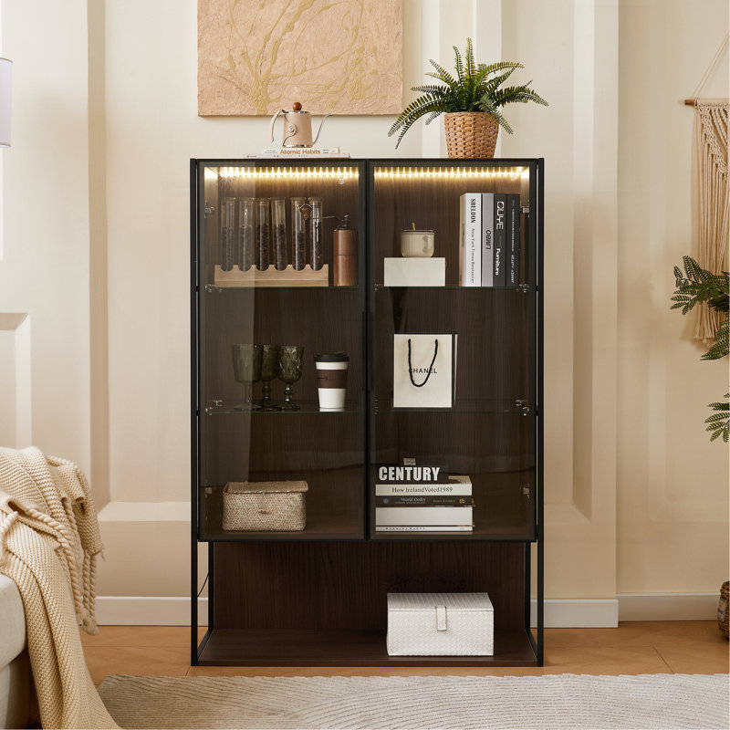 51.2'' Freestanding Lighted Display Cabinet With Glass Door, Pantry Cabinet With Metal Frame & Storage, Curio Cabinet With 4-Tier Adjustable Glass Shelves, For Livingroom, Kitchen & Office - Brown