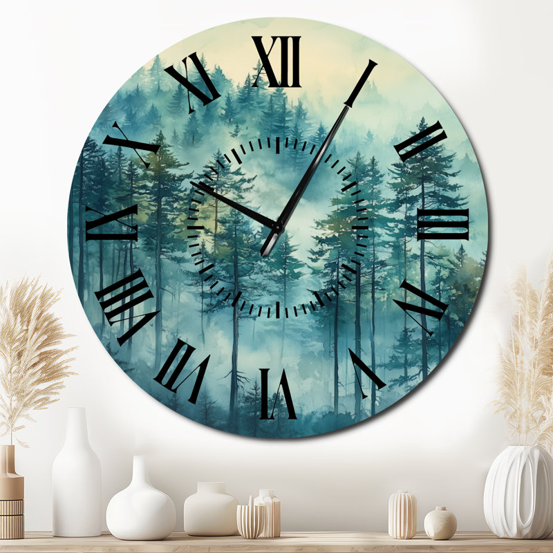 Horloge murale en métal, imprimée sur métal, représentant un paysage de la montagne Pine Tree Trail II, dans le brouillard matinal