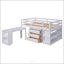 Lit mezzanine double bas avec cabinet, tablettes et bureau portatif à roulettes, parfait pour une utilisation compacte et multifonctionnelle dans les petites pièces