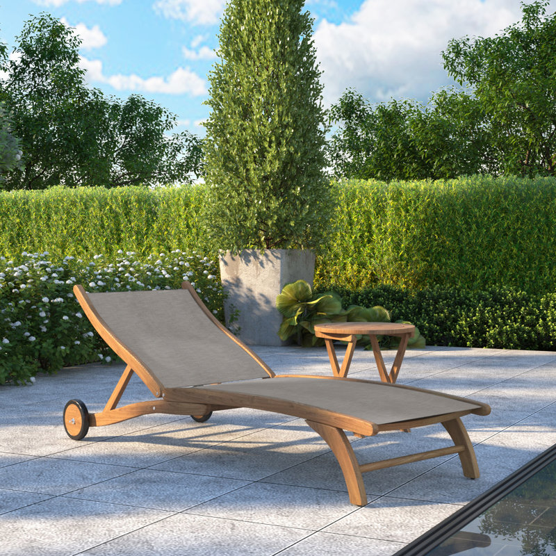 Perrin Teak Outdoor Reclining Chaise Lounger with Rear Wheels, Taupe