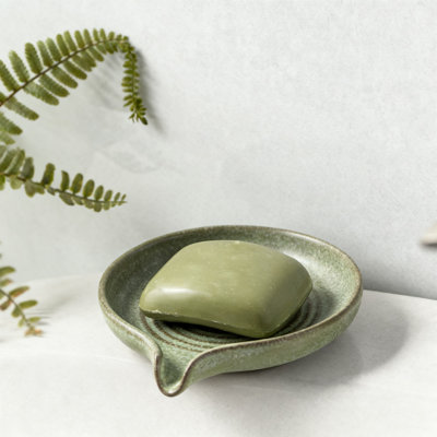 Ceramic Self Draining Soap Dish With Waterfall Design For Shower, Bathroom, Sink, Kitchen, Countertop1 Piece (Green)