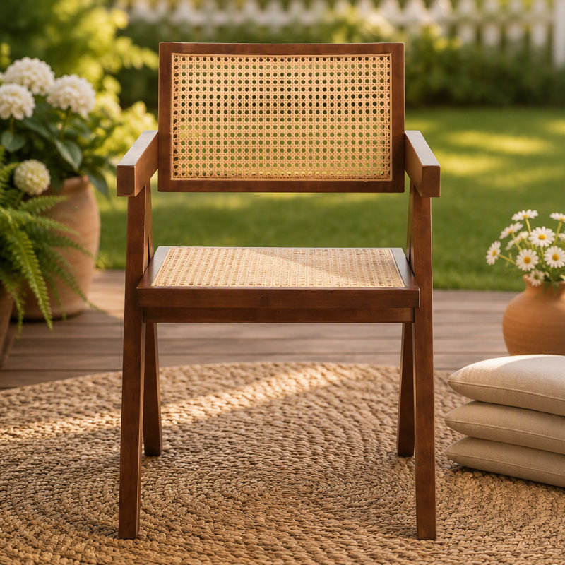 Chaise de salle à manger moderne Mid-Century avec accents en rotin, accoudoirs confortables, idéale pour une utilisation intérieure et extérieure dans diverses pièces