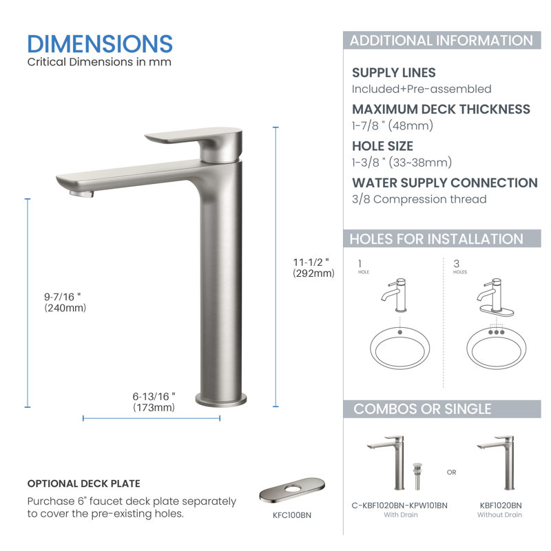Robinet de lavabo vasque monocommande avec bonde Tender, Nickel brossé