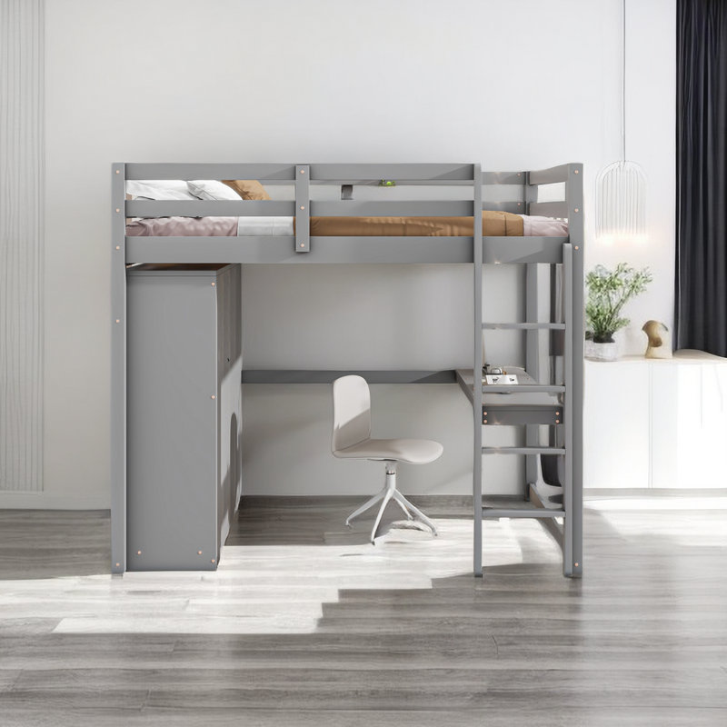 Lit mezzanine double avec tiroirs Dimmick Kids, Gris