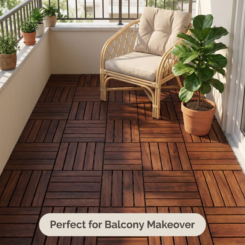 12" x 12" Acacia Wood Interlocking Deck Tiles  – Outdoor Patio Flooring with Striped Design for Balcony, Poolside & Backyard (Set of 30)