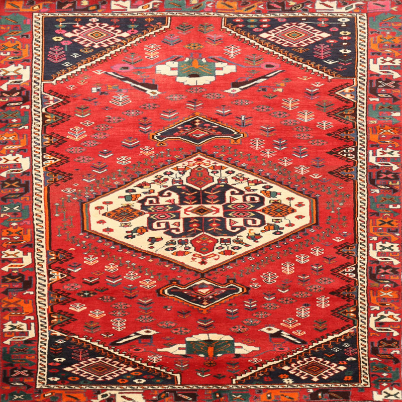 Tapis traditionnel rouge / beige Silenus, Carré 8 pi
