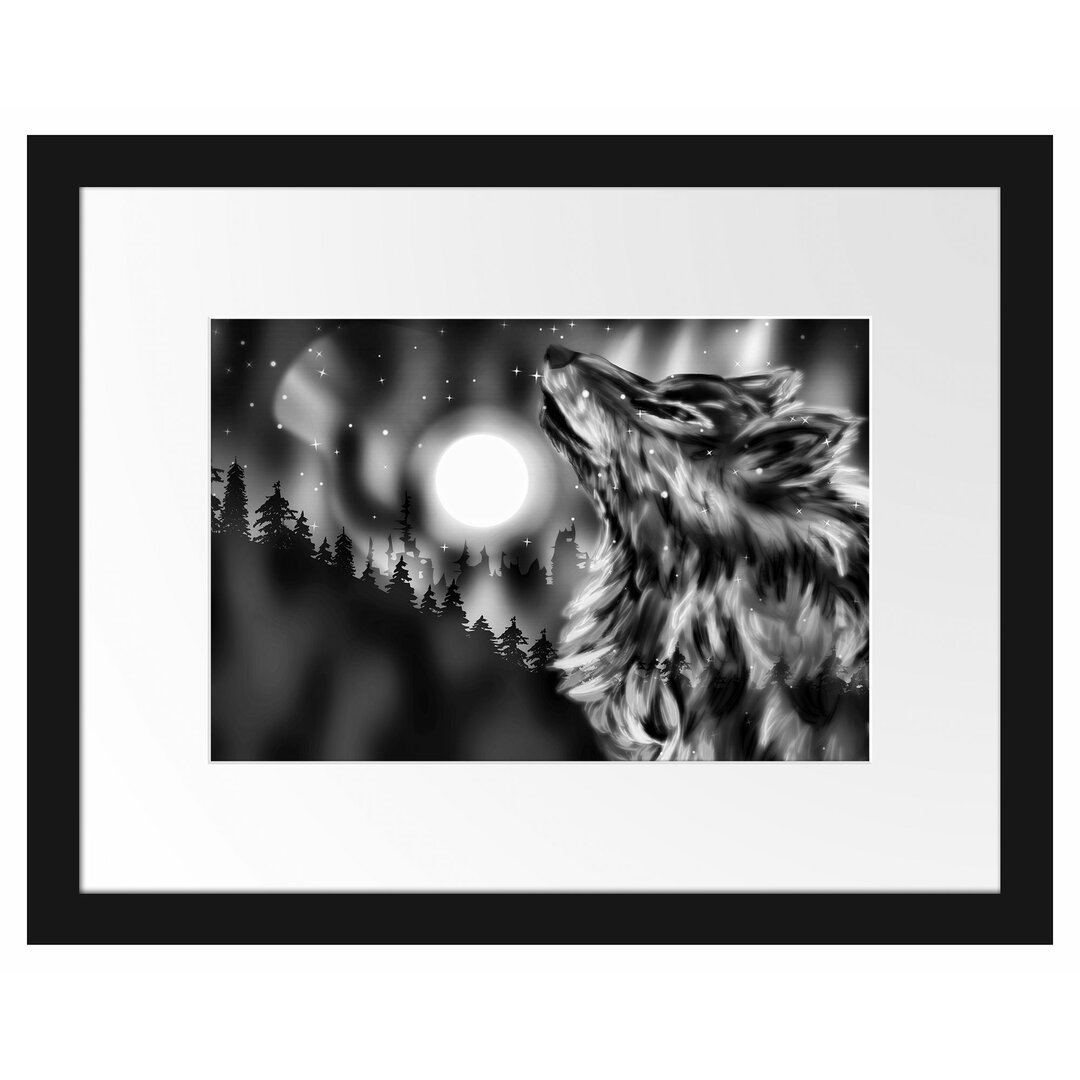 Gerahmtes Poster Abstrakter Wolf mit Mond