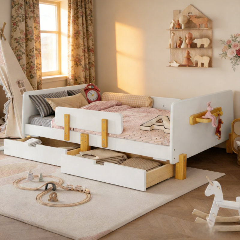 Bellemave Full Size Platform Bed With Storage Drawers, Solid Wood Platform Bed Frame With Guardrail, Shelf And Hooks, No Box Spring Needed ,white