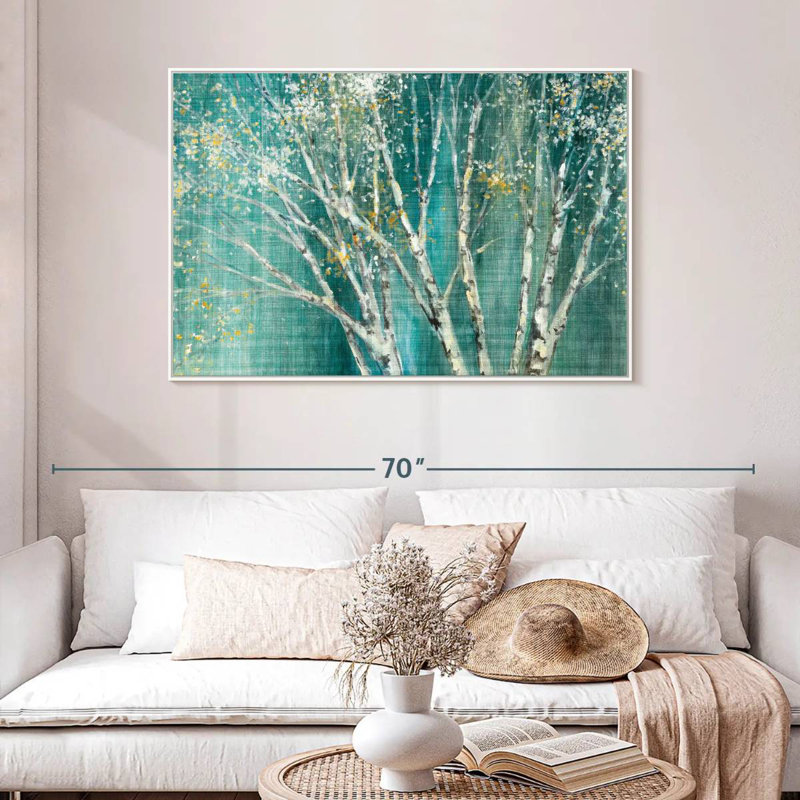 Bouleau bleu I, 46 po x 31 po, Cadre flottant blanc
