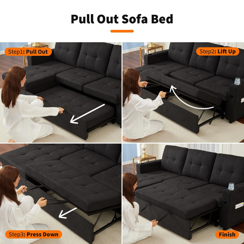 Couches pour le salon, canapé-lit de 84 po, canapé-lit modulaire en L avec lit escamotable, chaînes de rangement réversibles, accoudoirs de rangement dissimulés, porte-gobelets et ports de chargement USB