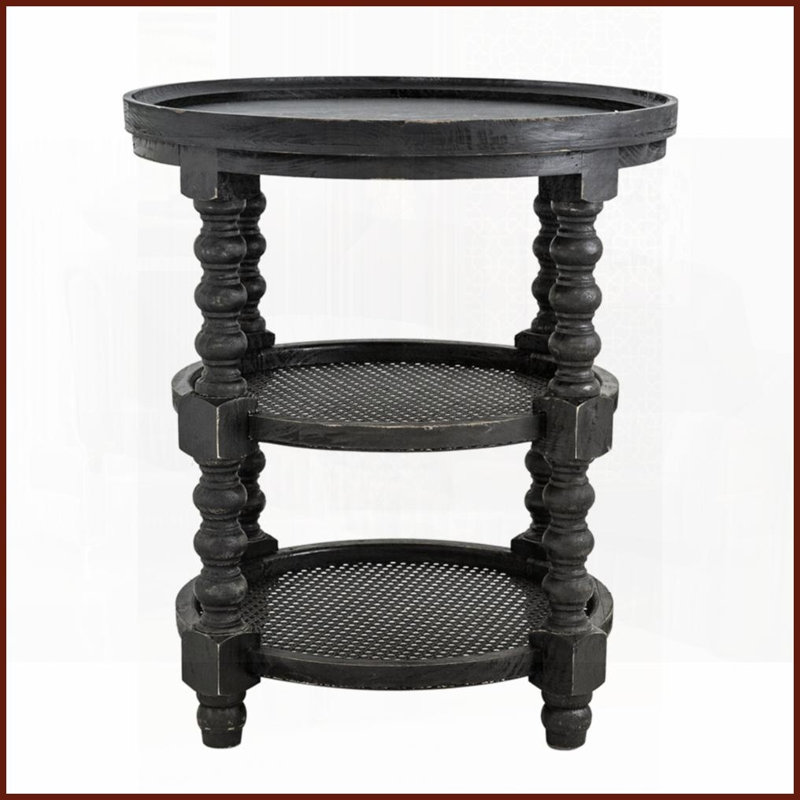Bois noir traditionnel Table basse ronde en rotin à 3 niveaux pour le salon, peu encombrante Style adaptable, Noir
