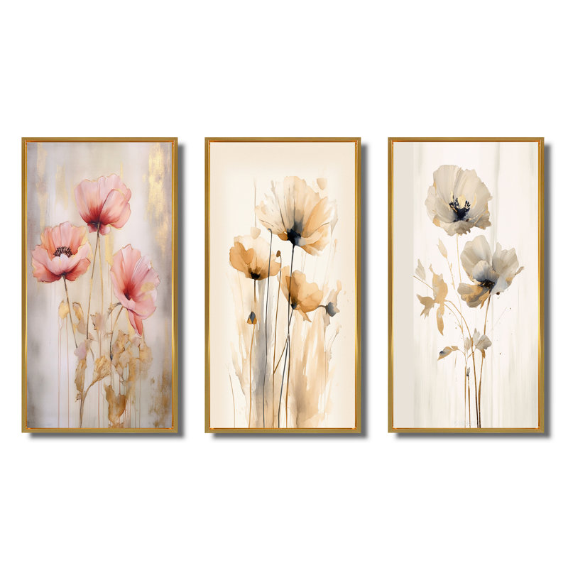«Coral Vibrant Poppies», 3 pièces, Cadre flottant doré, H 20 po x l 36 po