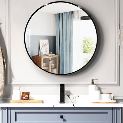 Miroir mural rond de 36 po de diamètre pour salle de bain - Verre de 4 mm de hauteur, cadre en aluminium brossé, livré avec les accessoires d'installation Rouille facile à installer et à embellir