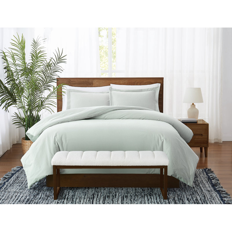 Ensemble d'édredon Brooklyn Loom Pinstripe, White and Sage Green, Édredon pour lit simple + 1 taie décorative stan
