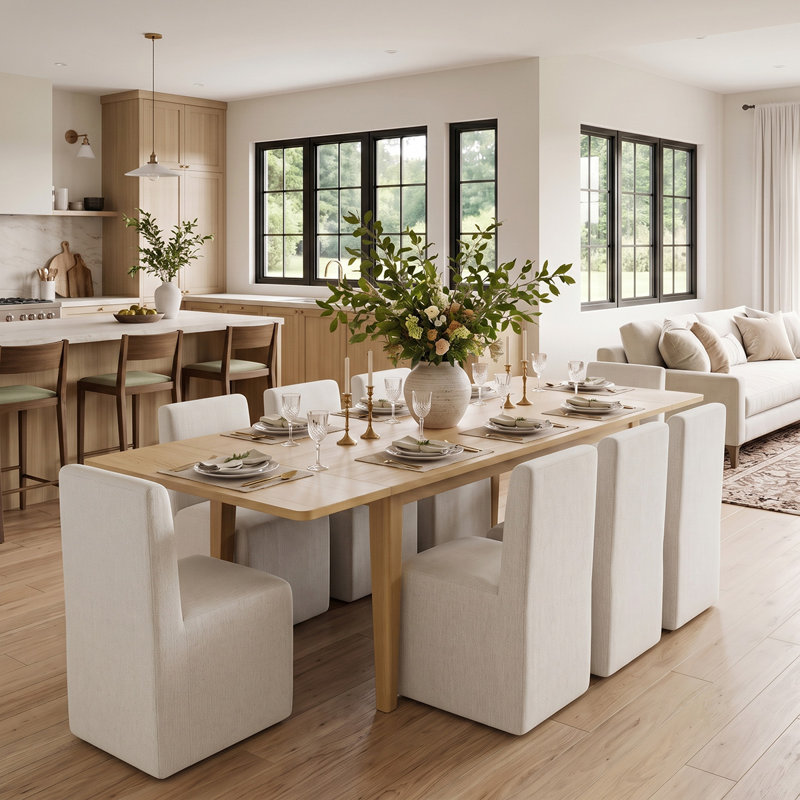 Ensemble de table de salle à manger extensible 72 "à 104" avec table en placage de bois véritable et chaises en mélange de lin