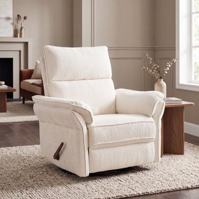 Oversized Recliner Chair, 26" Extra Wide 360° Swivel Rocker Recliner with Adjustable Headrest, Chenille Glider Rocking Nursery Chair with Overstuffed Armrest, Lumbar Support，White