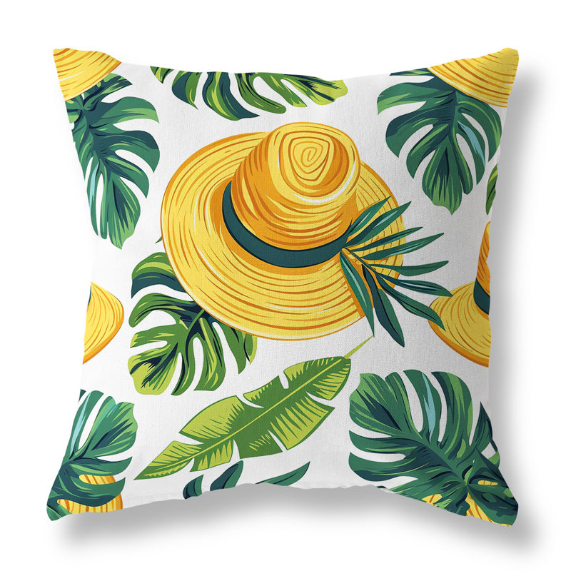 Coussin décoratif carré intérieur / extérieur Tropical Hat Dreams, Vert / Jaune, H 16 po x l 16 po