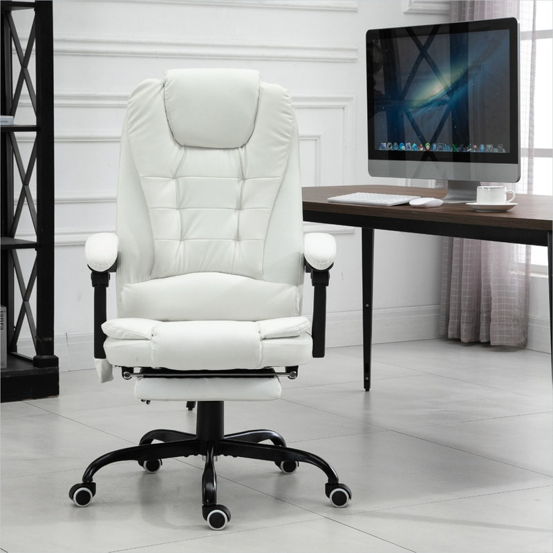 Fauteuil de bureau massant avec 7 points de vibration, dossier haut inclinable, repose-pieds rétractable, finition blanche, capacité de 135 kg