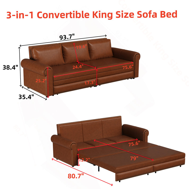King Pull Out Sofa Bed - 3-in-1 Faux Leather Convertible