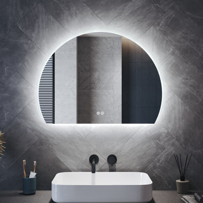 Half Circle LED Bathroom Mirror, Anti-Fog 3 Color Dimmable Touch Wall Vanity Mirror