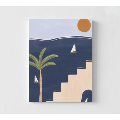 Affiche minimaliste bord de mer - palmier, escalier et voilier, art mural côtier