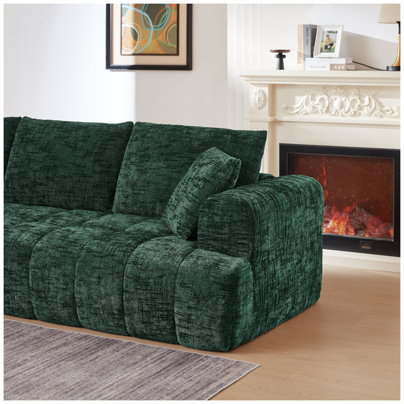 Canapé d'angle en chenille vert foncé avec capitonnage, canapé 4 places surdimensionné pour salon et appartement