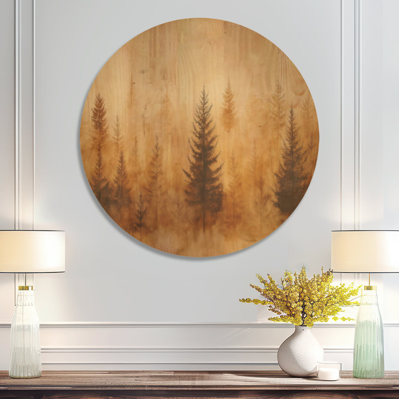 «Warm Earth Woodland Mist II - Nature», art mural rond en bois, Rond 36 po, Rond