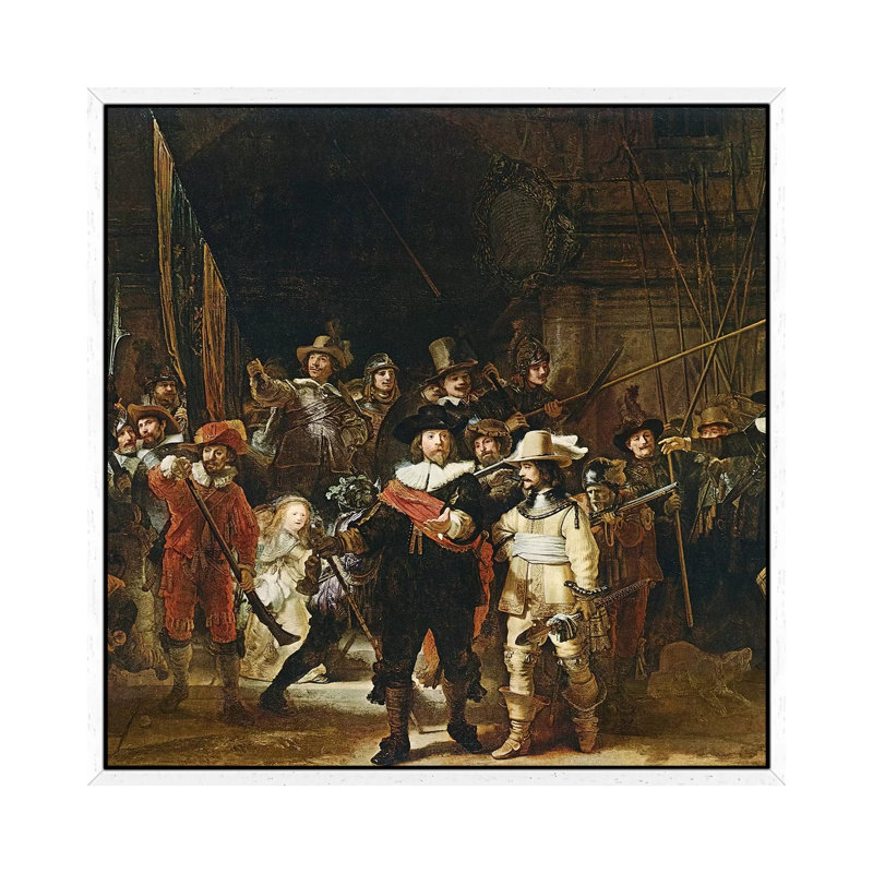 The Nightwatch, 1642 by Rembrandt Van Rijn - Painting on Canvas, 45.72cm H x 45.72cm W x 3.81cm D, White Framed