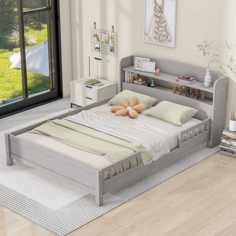 Lit plateforme double en bois avec éclairage à DEL intégré, tête de lit avec rangement et garde-corps, Gris