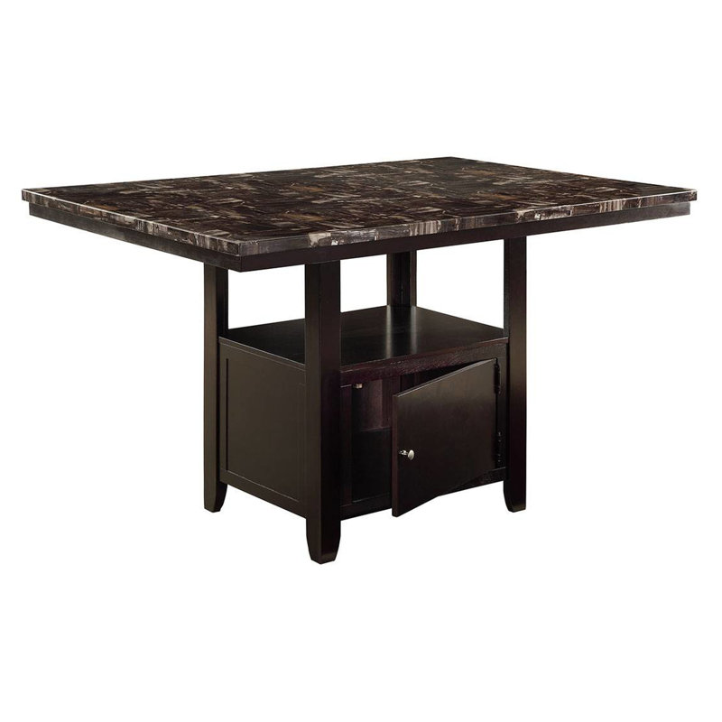 Table de salle à manger à hauteur de comptoir avec tablette de rangement et faux marbre, base rectangulaire en marbre brun