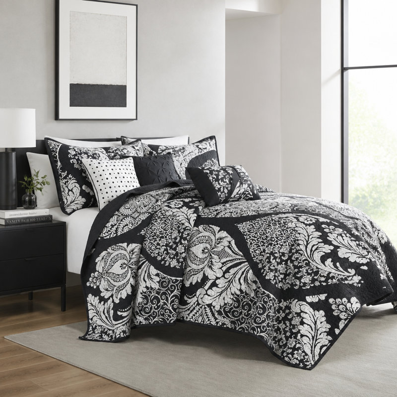 Ensemble de courtepointe en coton 6 pièces avec coussins décoratifs 6 pièces noir