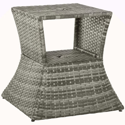 Outsunny Rattan Wicker Side Table With Umbrella Hole, 2 Tier Storage Shelf For All Weather For Outdoor, Patio, Garden, Backyard