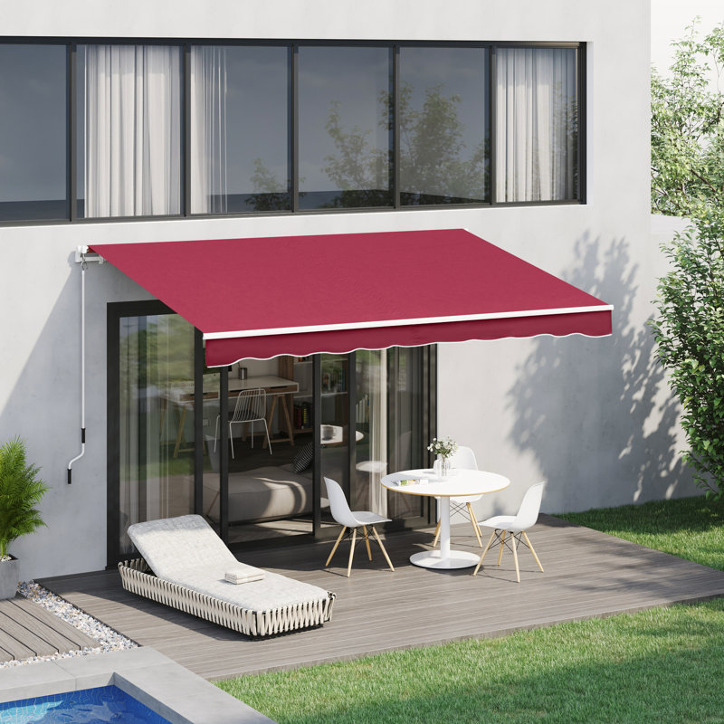 Auvent de patio rétractable de 13 pi x 8 pi, parasol avec manivelle manuelle et tissu hydrofuge, structure en aluminium pour terrasse, balcon, cour, abat-jour rouge cramoisi,