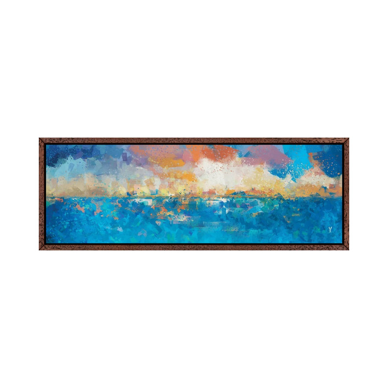 Sunset Seascape I by Van Credi - Panoramic Painting on Canvas, Classic Brown Wood Framed, 50.8cm H x 152.4cm W x 3.81cm D